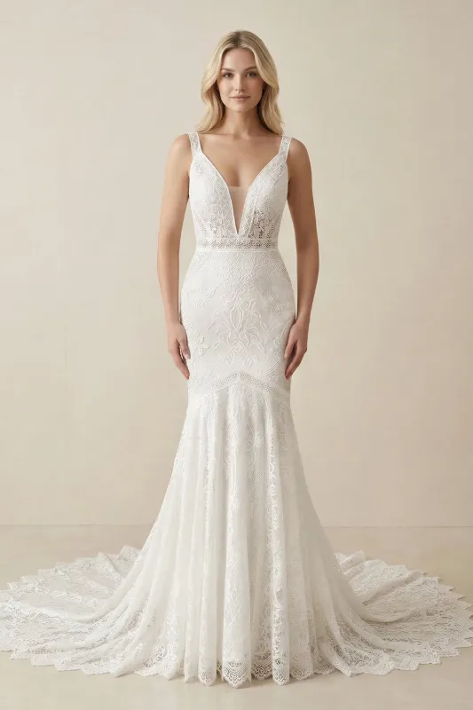 Deep V Neck Lace Mermaid Appliqued Wedding Dress in White made by KissProm