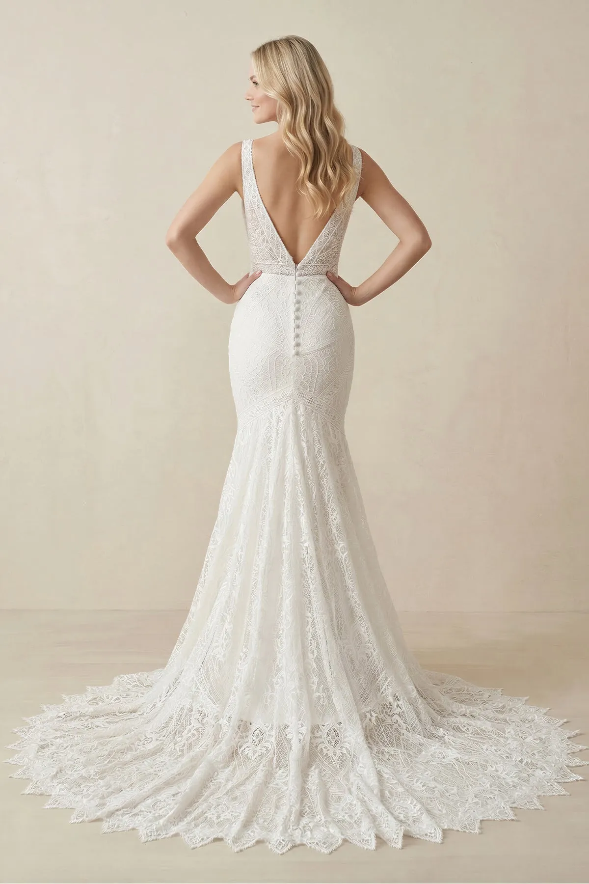 Deep V Neck Lace Mermaid Appliqued Wedding Dress in White sold by KissProm product image thumbnail 2