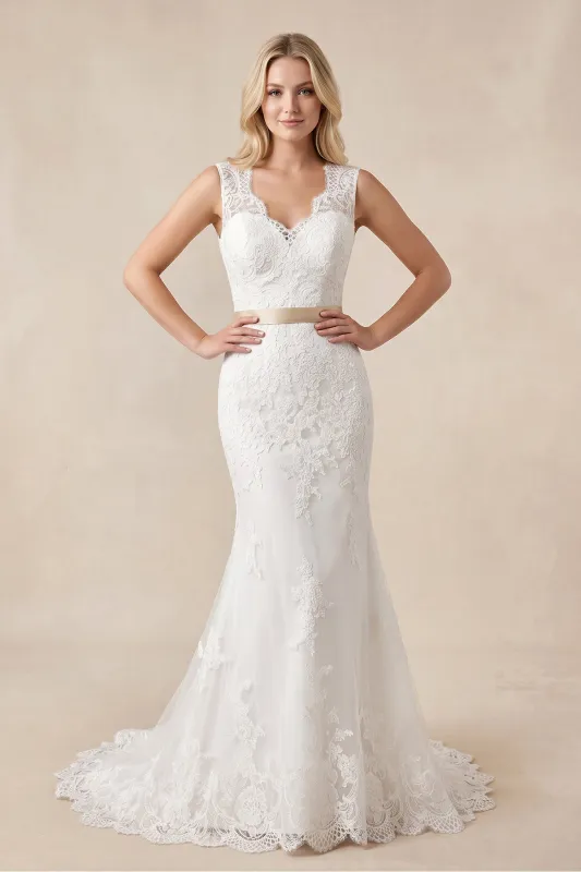 Mermaid V Neck Tulle Appliqued Wedding Dress With Waist Embellishment in White made by KissProm
