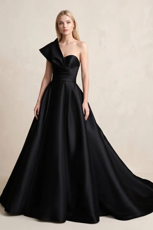 One-Shoulder Satin Ball Gown Wedding Dress in Black made by KissProm