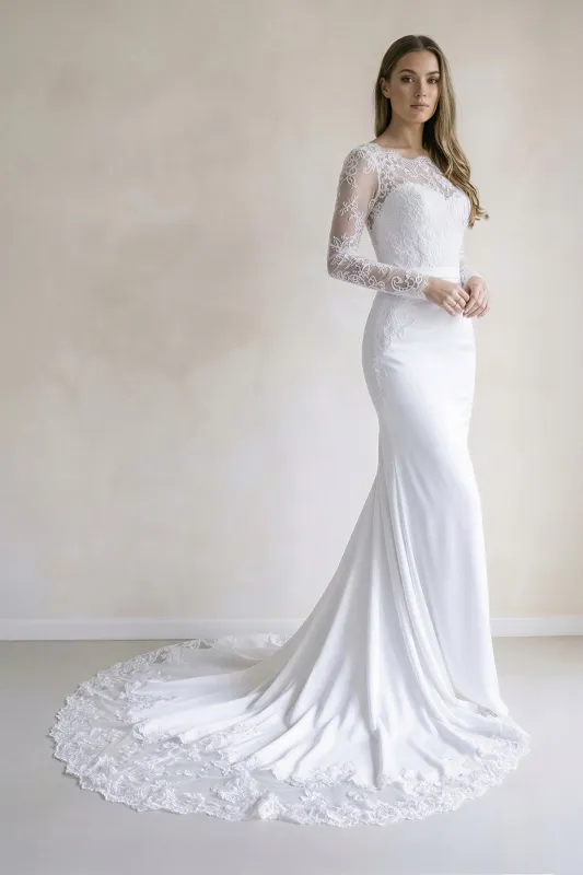 Illusion Neck Mermaid Satin Appliqued Wedding Dress in White made by KissProm