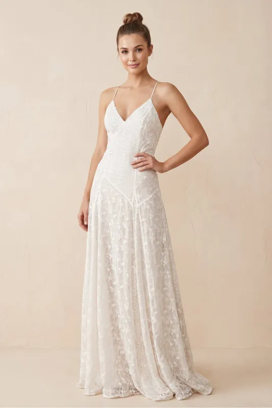 V-Neck A-Line Lace Appliqued Wedding Dress in White made by KissProm