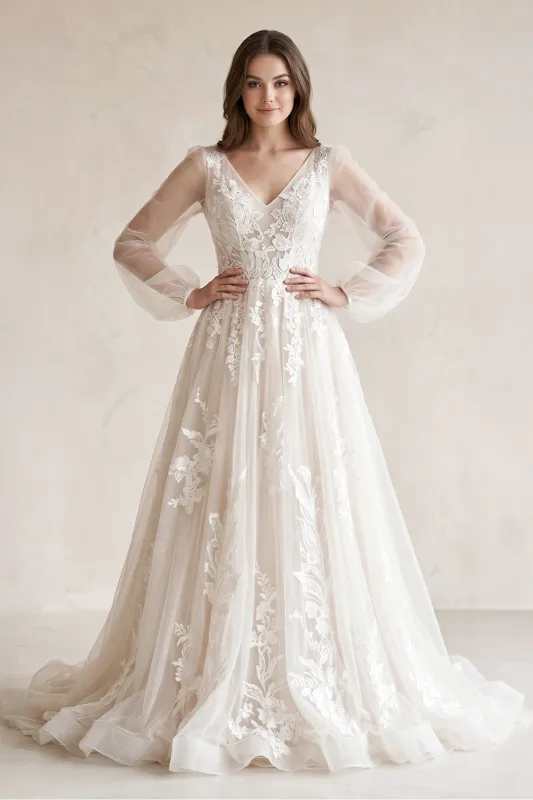 V-Neck A-Line Appliqued Tulle Long Sleeves Wedding Dress in White made by KissProm