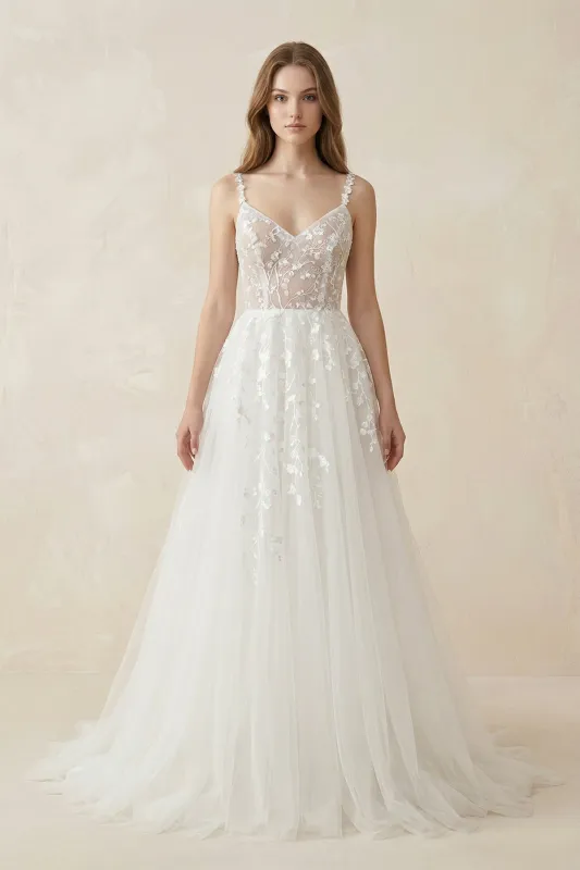 Spaghetti-Straps A-Line Tulle Wedding Dress With Lace Appliques in White made by KissProm