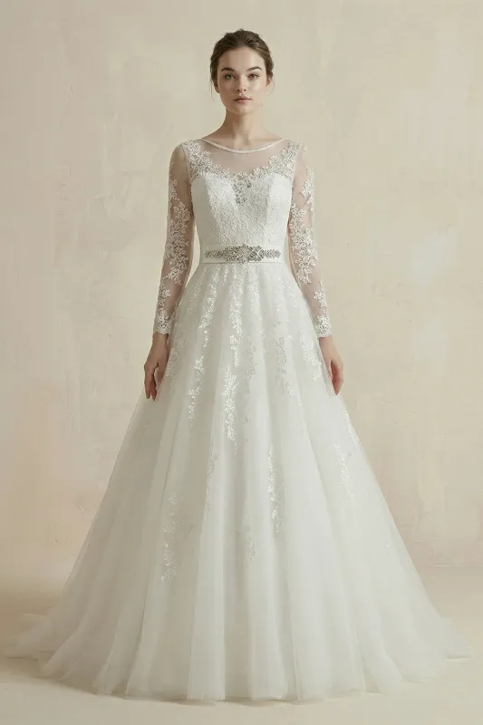 Scoop Neck Lace A-Line Long Sleeves Appliqued Wedding Dress With Waist Embellishment in White made by KissProm