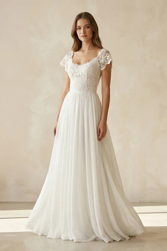 Scoop Neck A-Line Chiffon Appliqued Wedding Dress in White made by KissProm