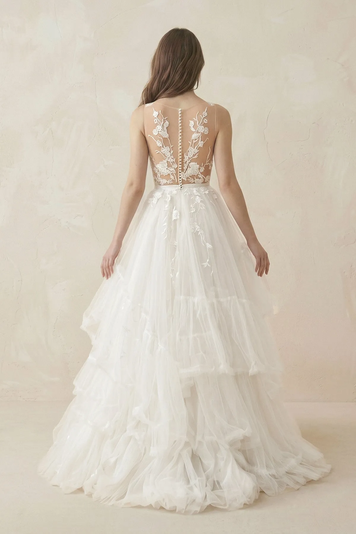 Deep V A-Line Tulle Appliqued Wedding Dress in White sold by KissProm product image thumbnail 3