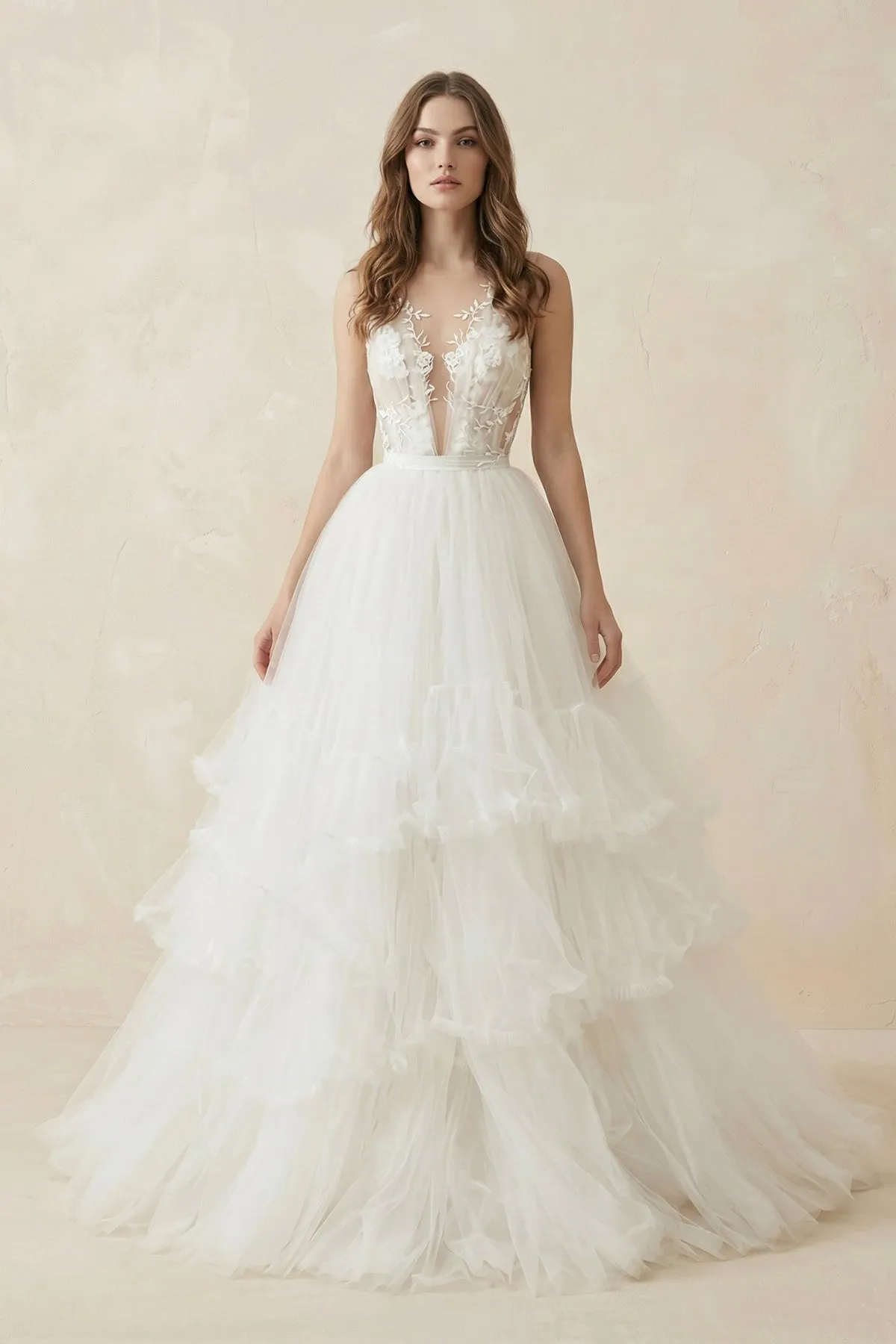 Deep V A-Line Tulle Appliqued Wedding Dress in White sold by KissProm