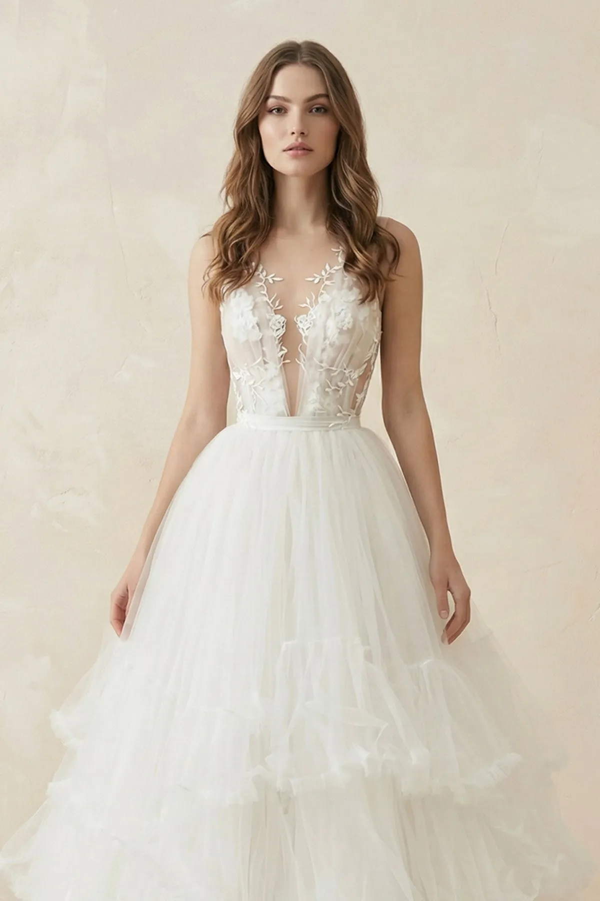 Deep V A-Line Tulle Appliqued Wedding Dress in White sold by KissProm product image thumbnail 2