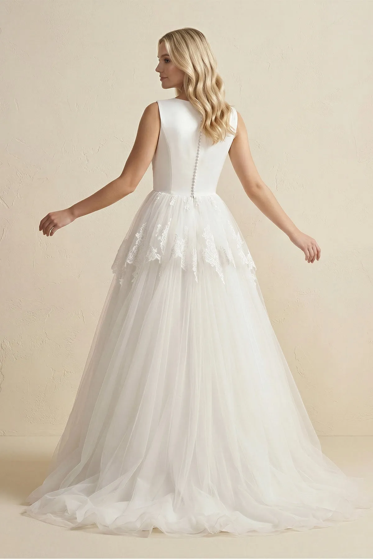 V-Neck Lace Tulle Ruched Wedding Dress in Ivory sold by KissProm product image thumbnail 2