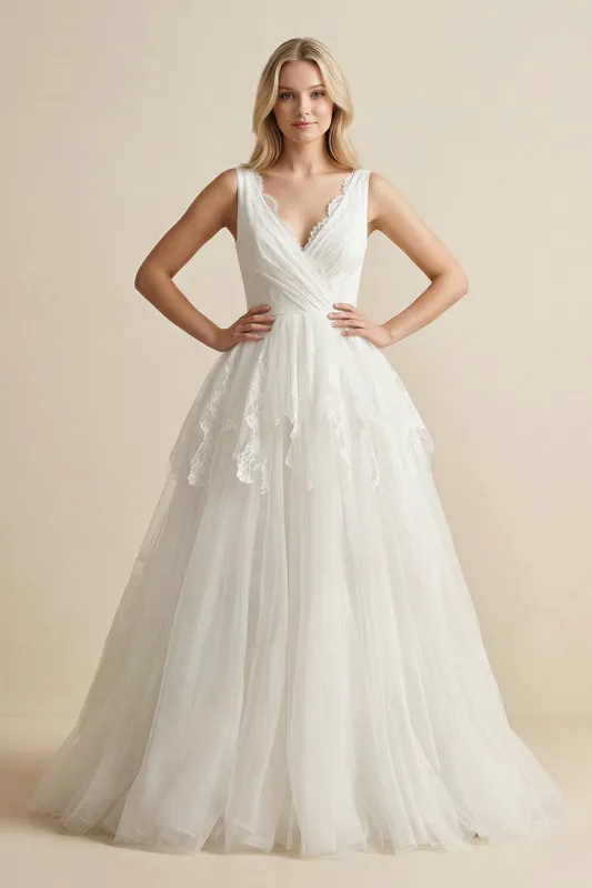V-Neck Lace Tulle Ruched Wedding Dress in Ivory made by KissProm