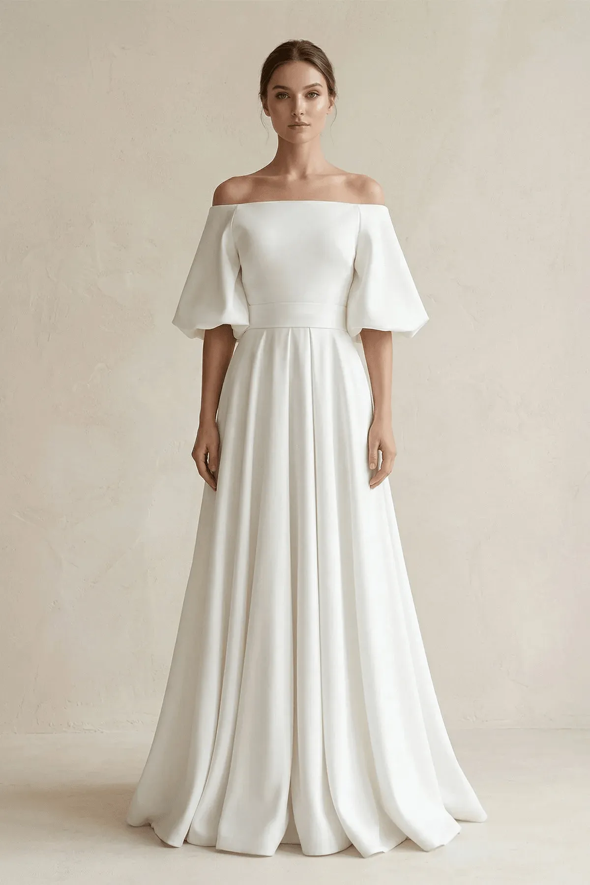 Off-the-Shoulder A-Line Satin Wedding Dress With Short Sleeves in White sold by KissProm