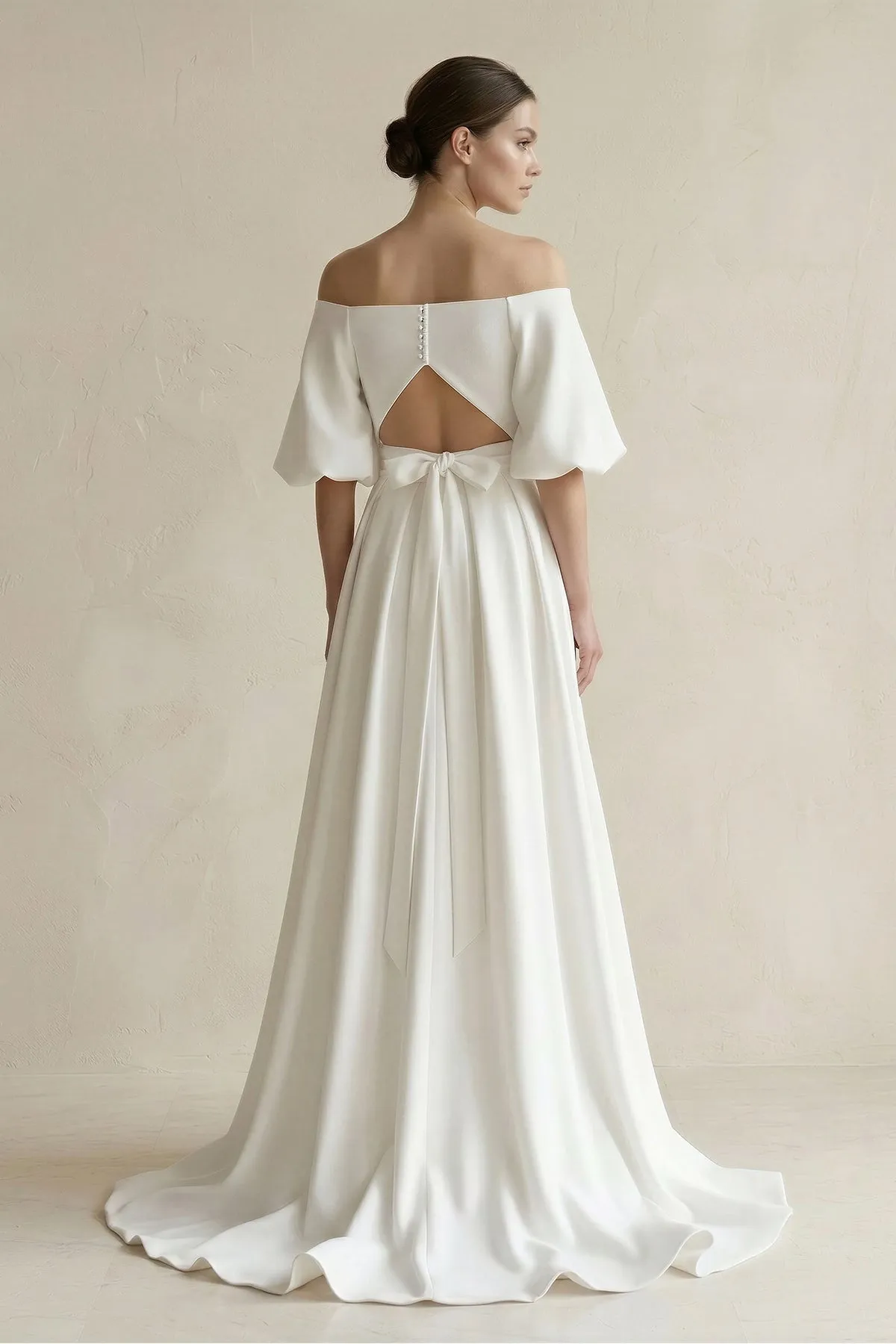Off-the-Shoulder A-Line Satin Wedding Dress With Short Sleeves in White sold by KissProm product image thumbnail 2