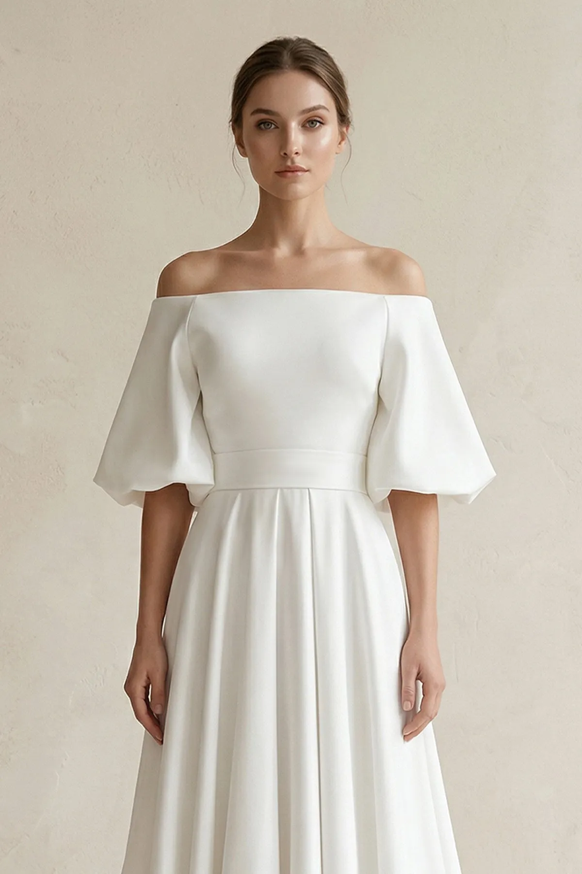 Off-the-Shoulder A-Line Satin Wedding Dress With Short Sleeves in White sold by KissProm product image thumbnail 3