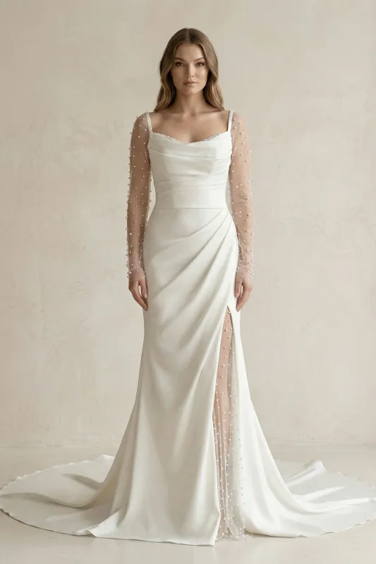 Cowl Neck Mermaid Ruched Satin Long Sleeves Wedding Dress With Slit in White made by KissProm