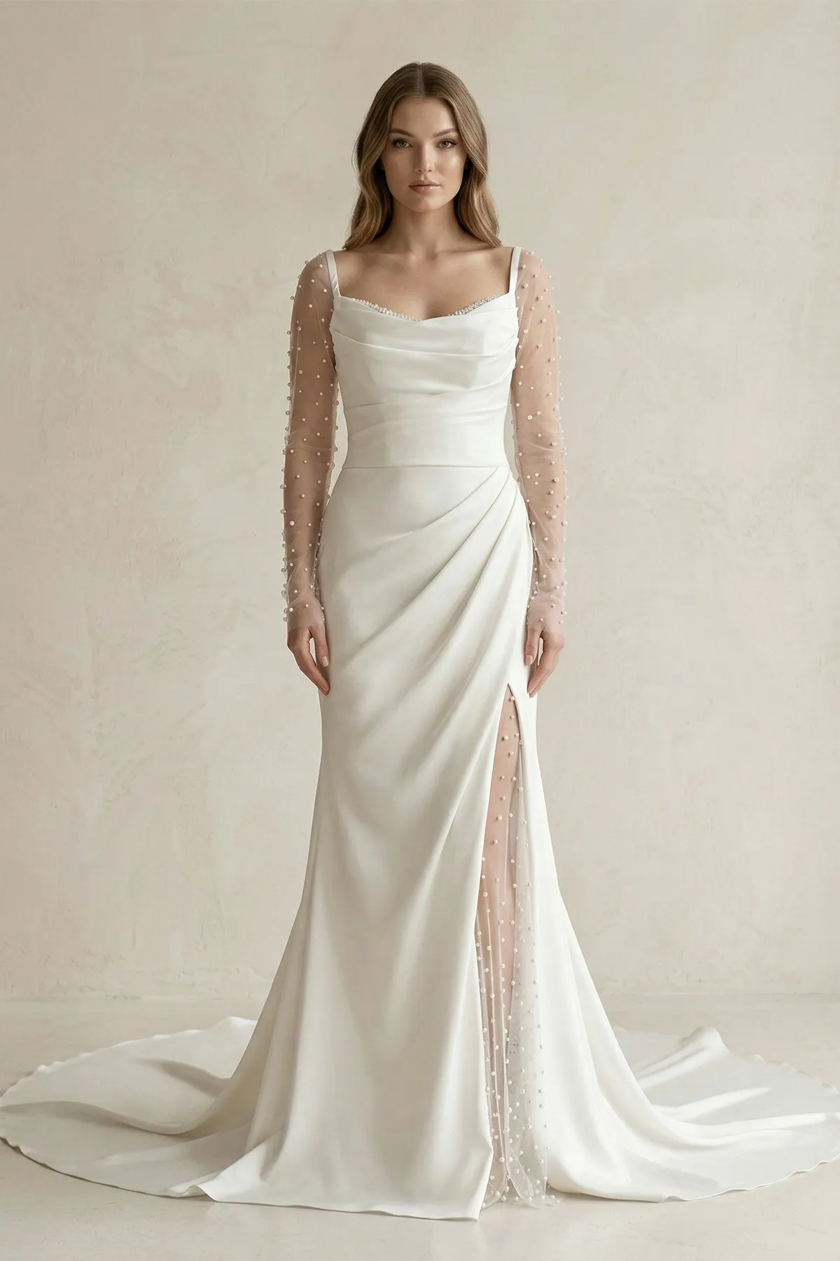 Cowl Neck Mermaid Ruched Satin Long Sleeves Wedding Dress With Slit in White sold by KissProm