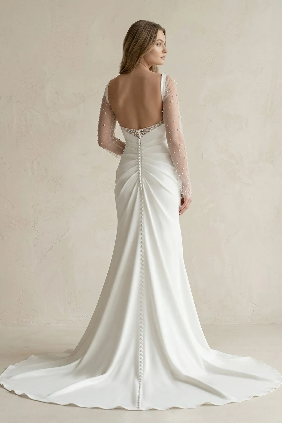 Cowl Neck Mermaid Ruched Satin Long Sleeves Wedding Dress With Slit in White sold by KissProm product image thumbnail 2
