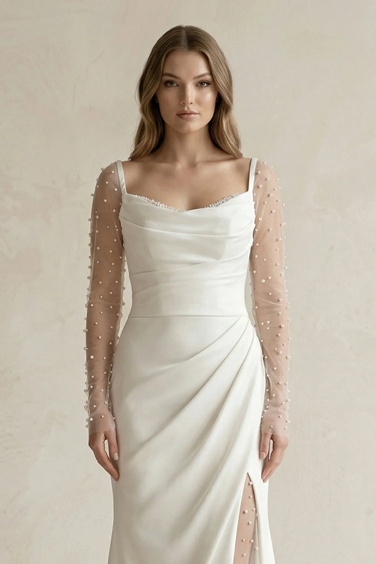Cowl Neck Mermaid Ruched Satin Long Sleeves Wedding Dress With Slit in White sold by KissProm product image thumbnail 3