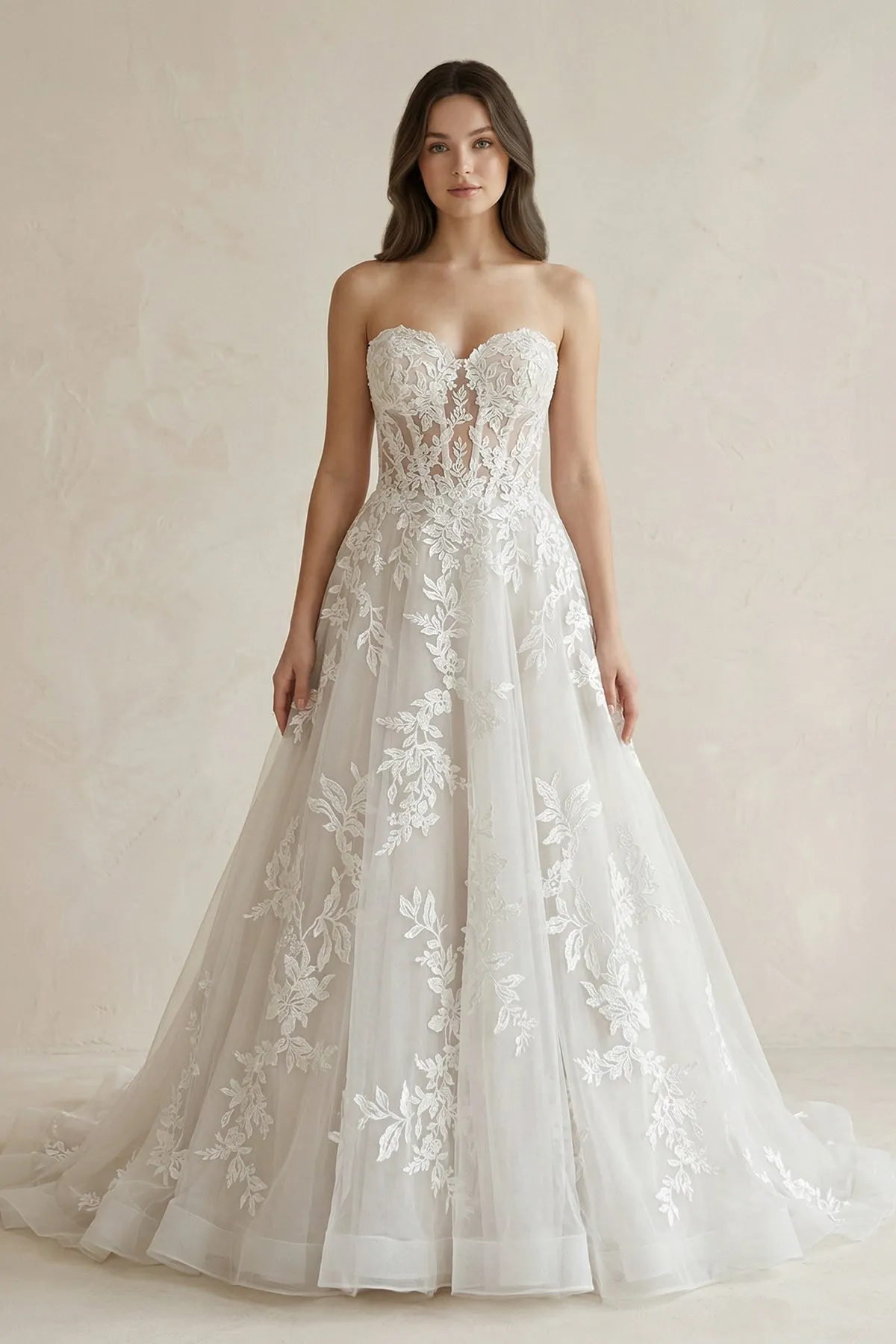 Sweetheart A-Line Appliqued Corset Wedding Dress in Ivory sold by KissProm