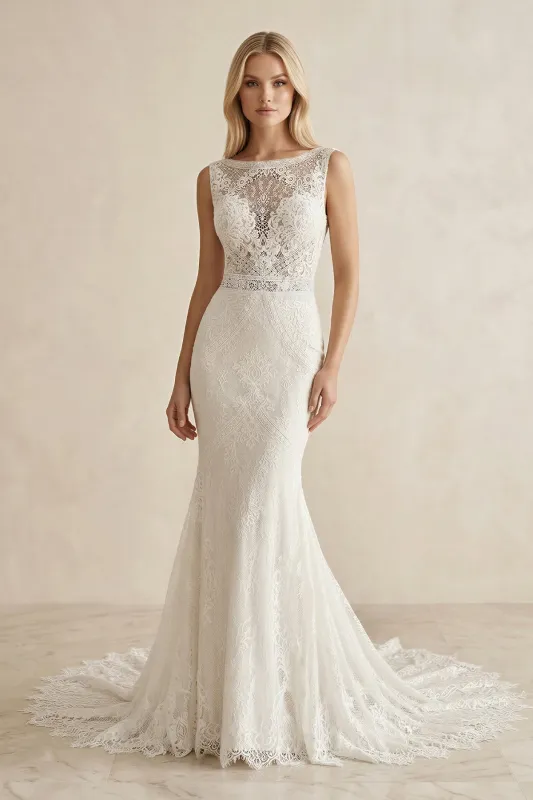 Boat Neck Lace Mermaid Maxi Wedding Dress in Ivory made by KissProm