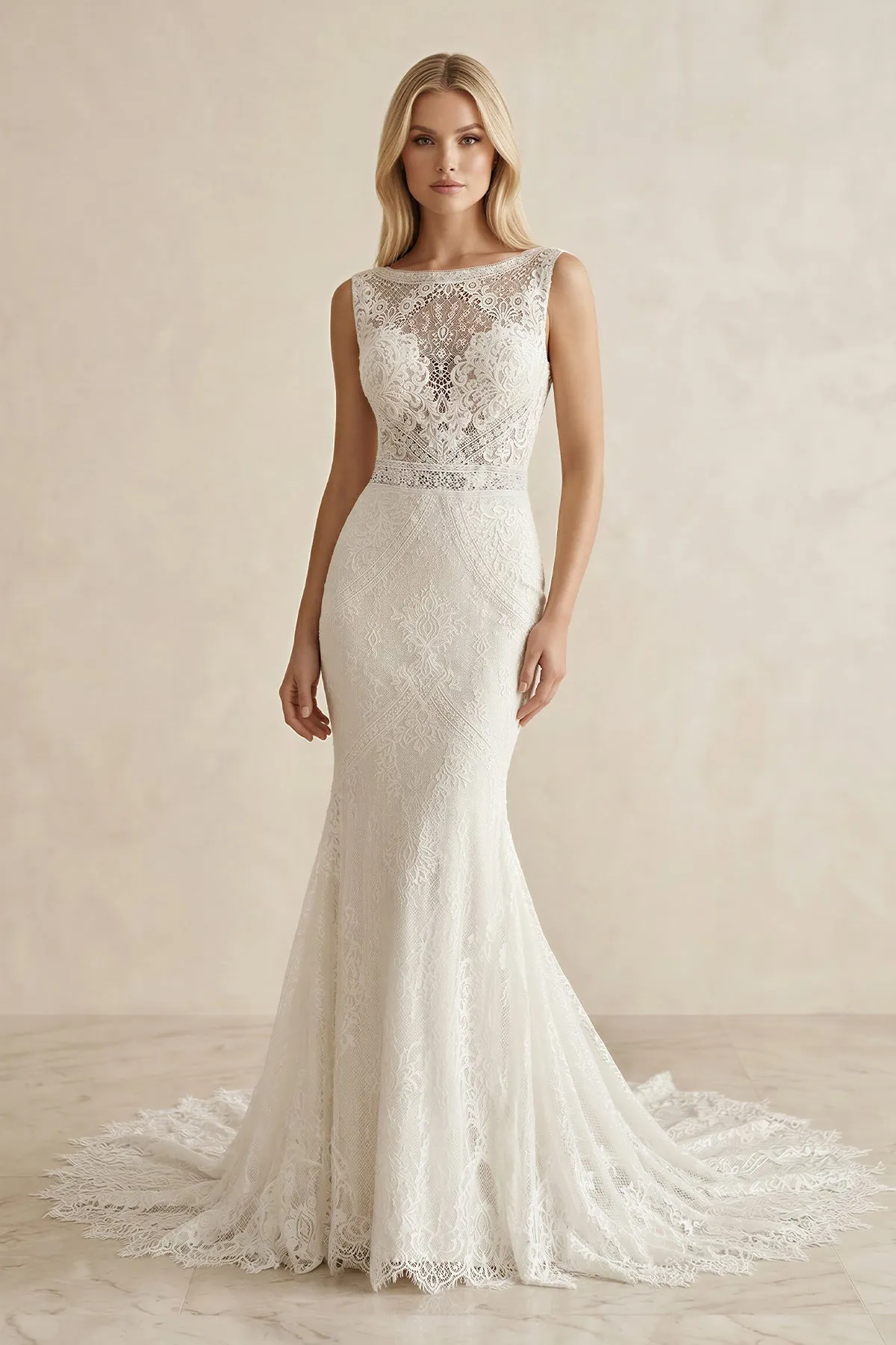 Boat Neck Lace Mermaid Maxi Wedding Dress in Ivory sold by KissProm