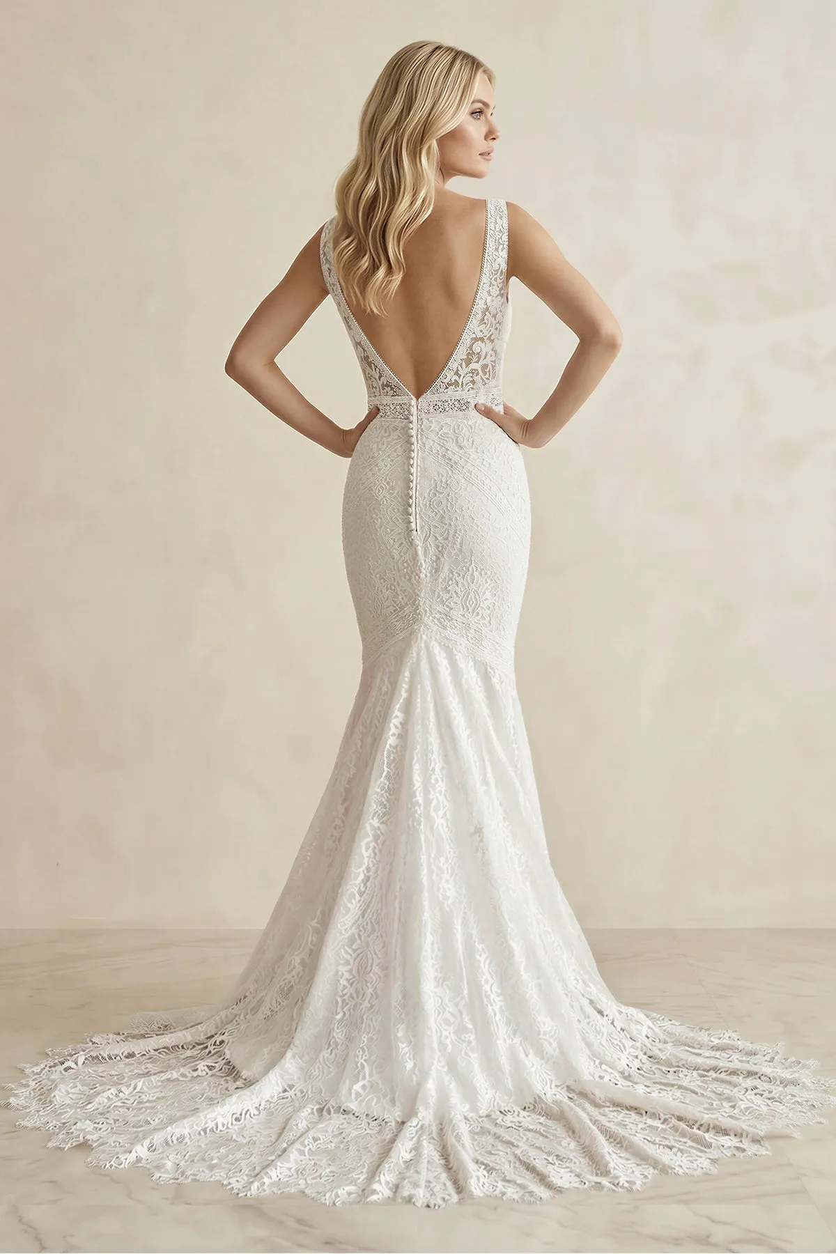 Boat Neck Lace Mermaid Maxi Wedding Dress in Ivory sold by KissProm product image thumbnail 2