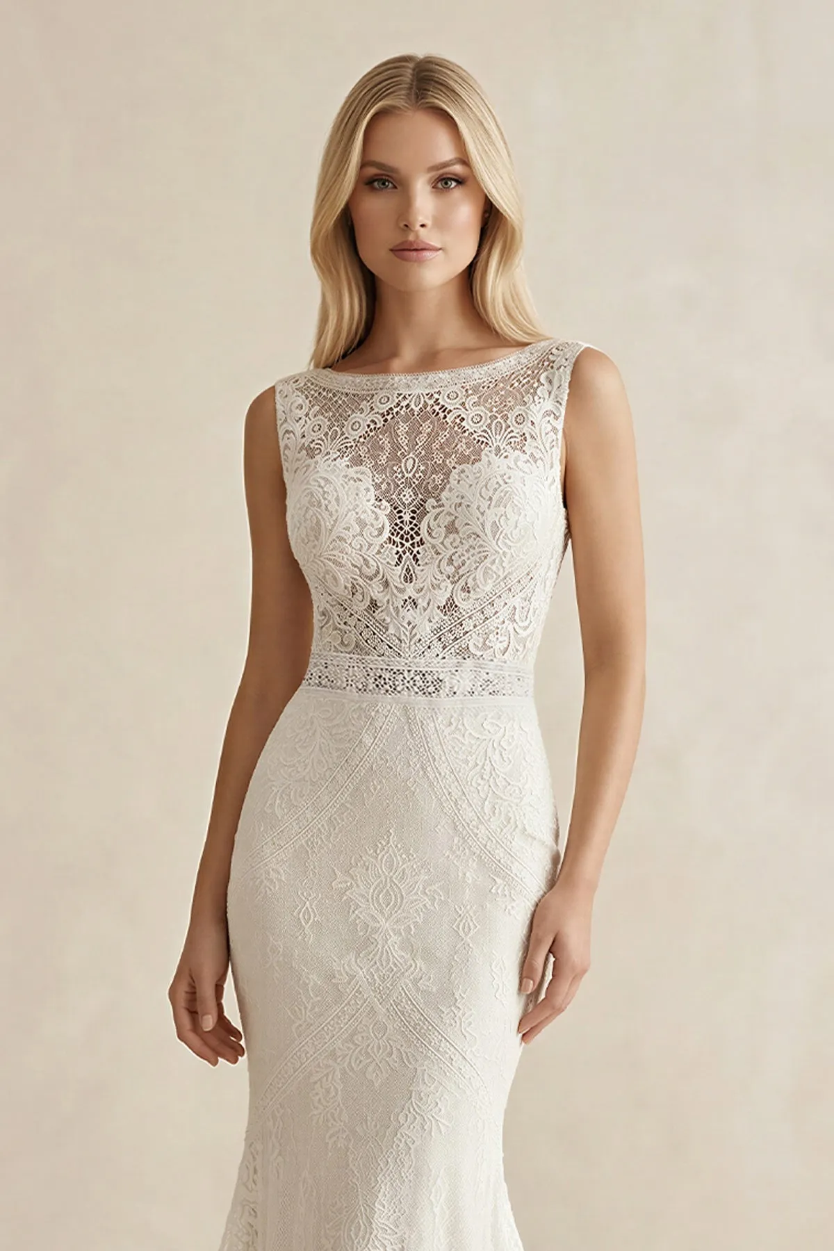 Boat Neck Lace Mermaid Maxi Wedding Dress in Ivory sold by KissProm product image thumbnail 3