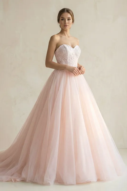 Sweetheart Tulle Ball Gown Appliqued Wedding Dress in Pink made by KissProm