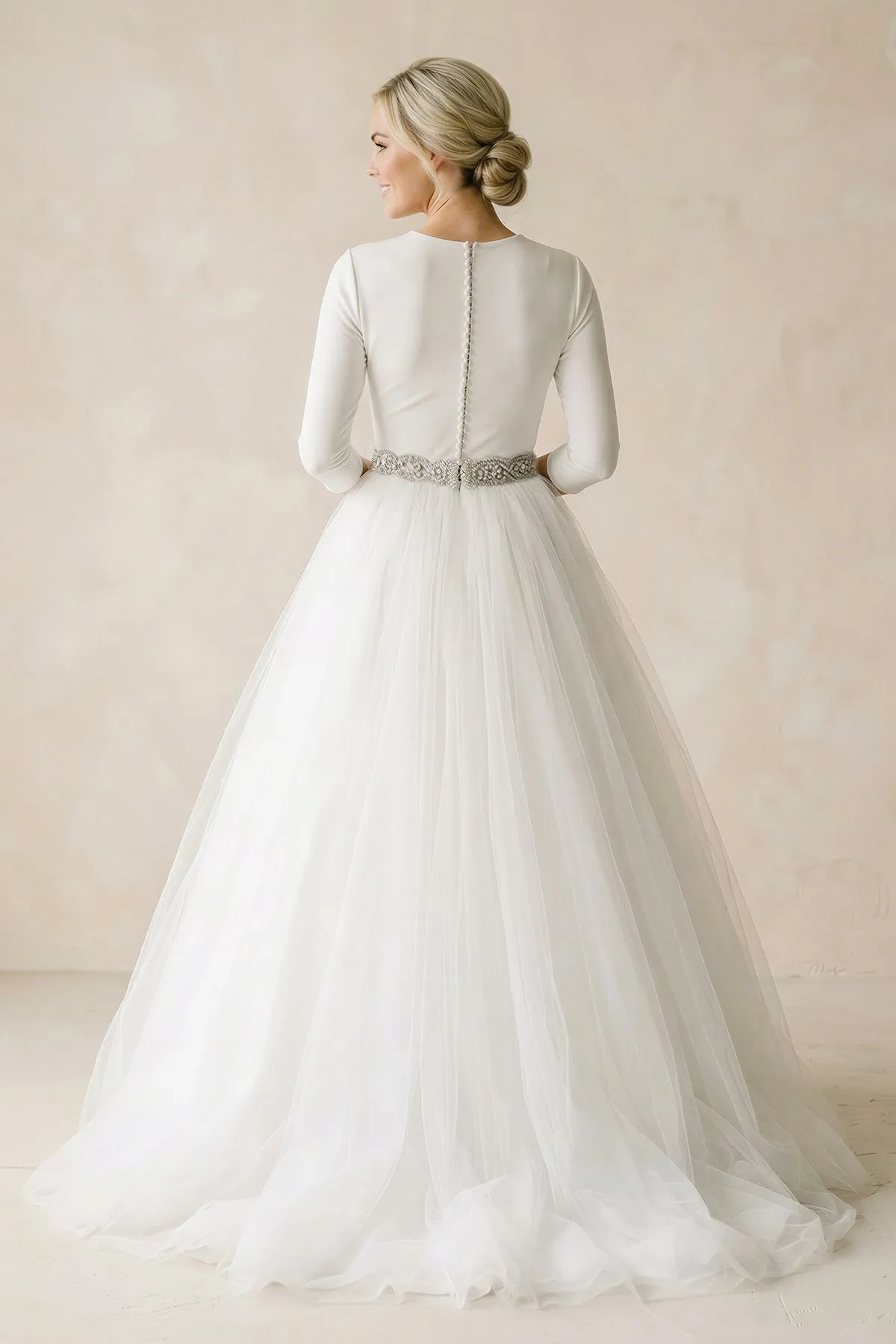 Round Neck A-Line Tulle Wedding Dress With Sleeves in White sold by KissProm product image thumbnail 2