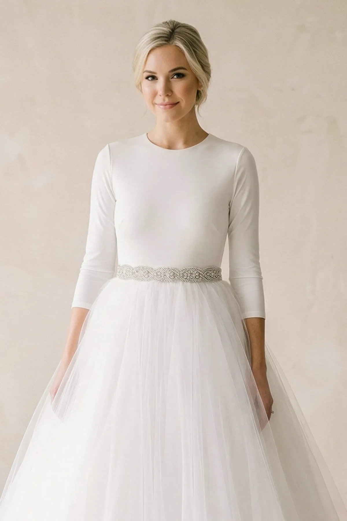 Round Neck A-Line Tulle Wedding Dress With Sleeves in White sold by KissProm product image thumbnail 3