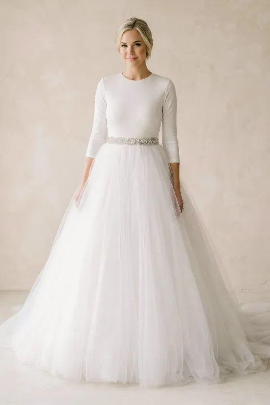 Round Neck A-Line Tulle Wedding Dress With Sleeves in White made by KissProm