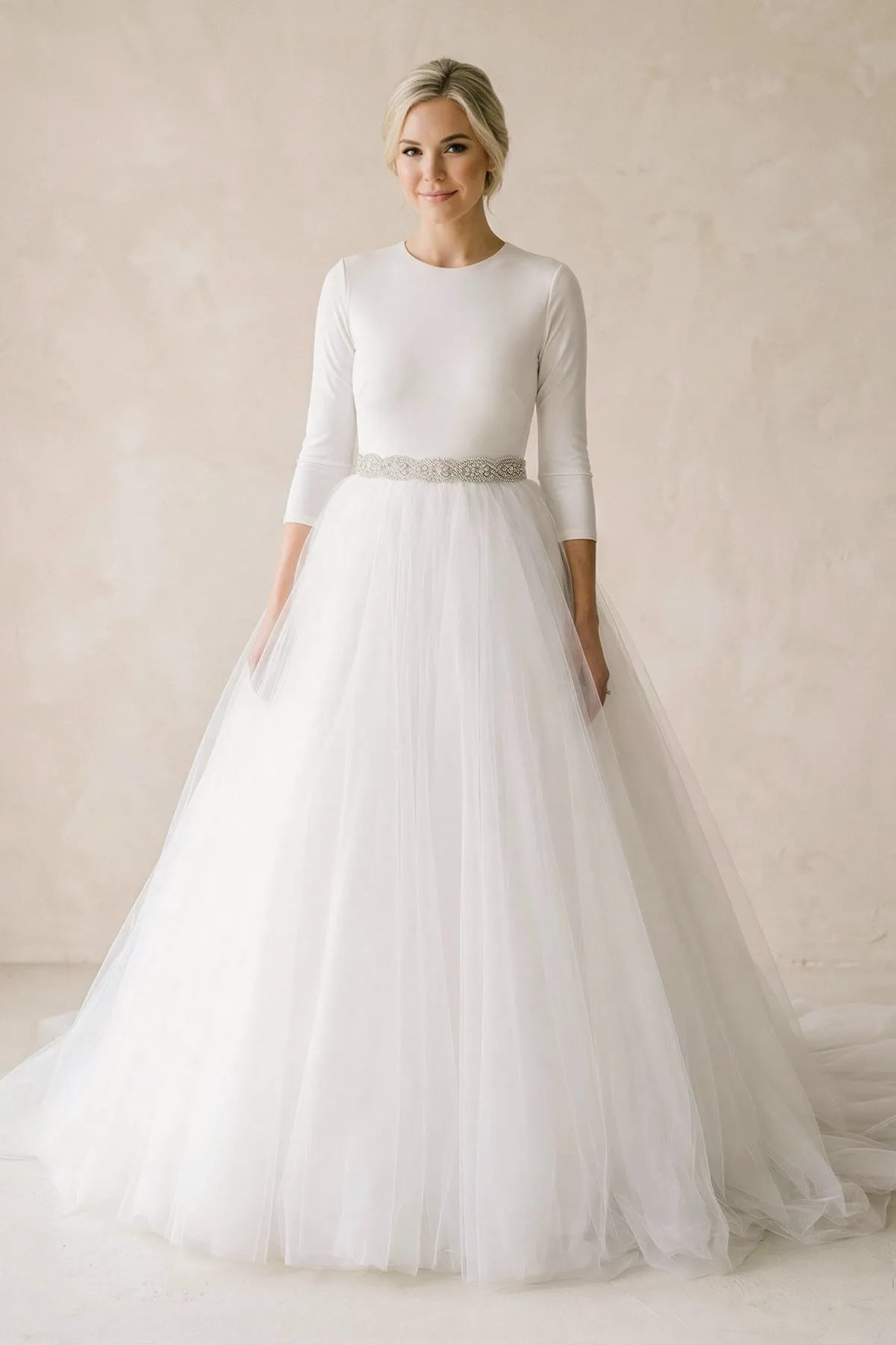 Round Neck A-Line Tulle Wedding Dress With Sleeves in White sold by KissProm
