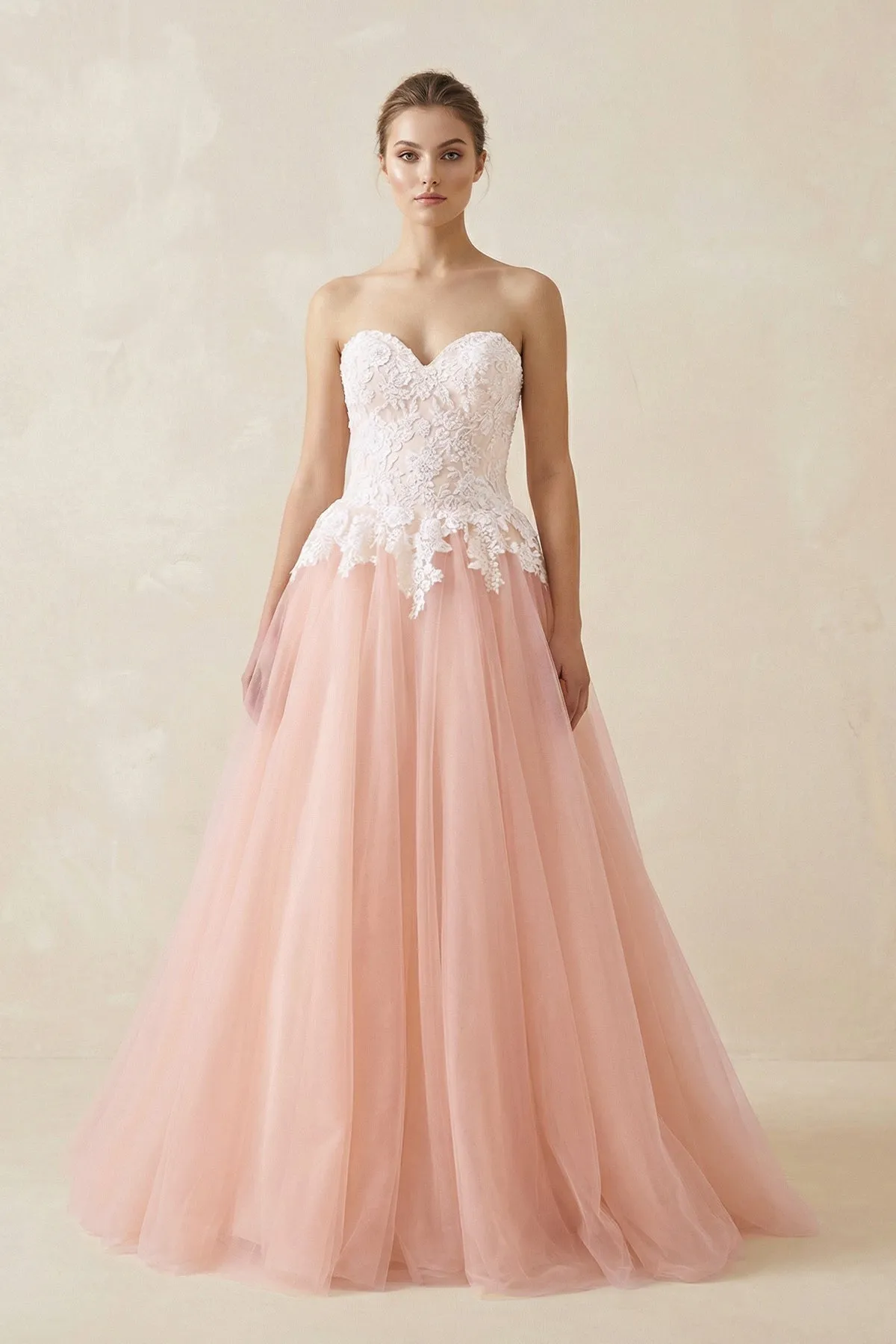 Sweetheart A-Line Tulle Appliqued Wedding Dress in Pink sold by KissProm