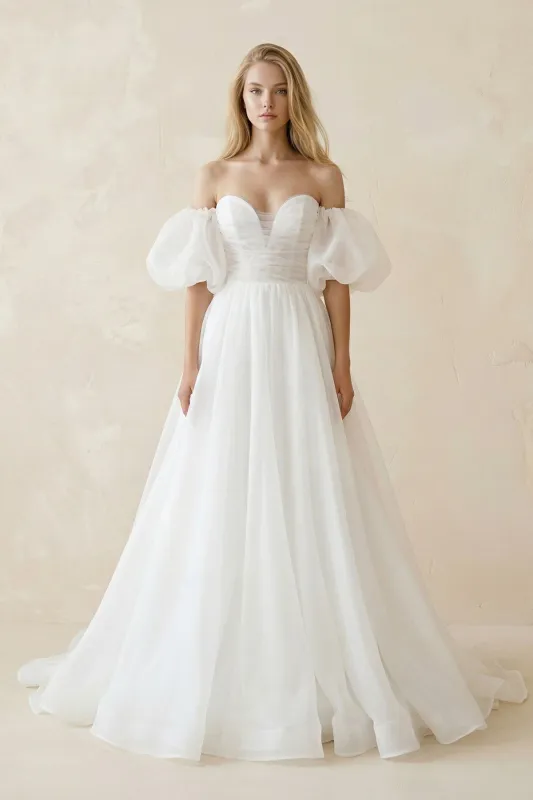 Off-the-Shoulder A-Line Tulle Wedding Dress With Puff Sleeves in White made by KissProm