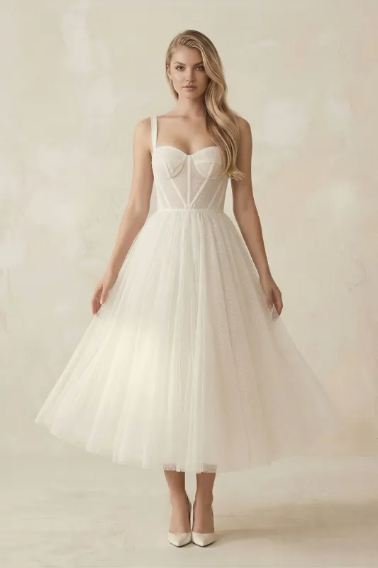Sweetheart Polka Dot Tulle A-Line Corset Midi Wedding Dress in Ivory made by KissProm