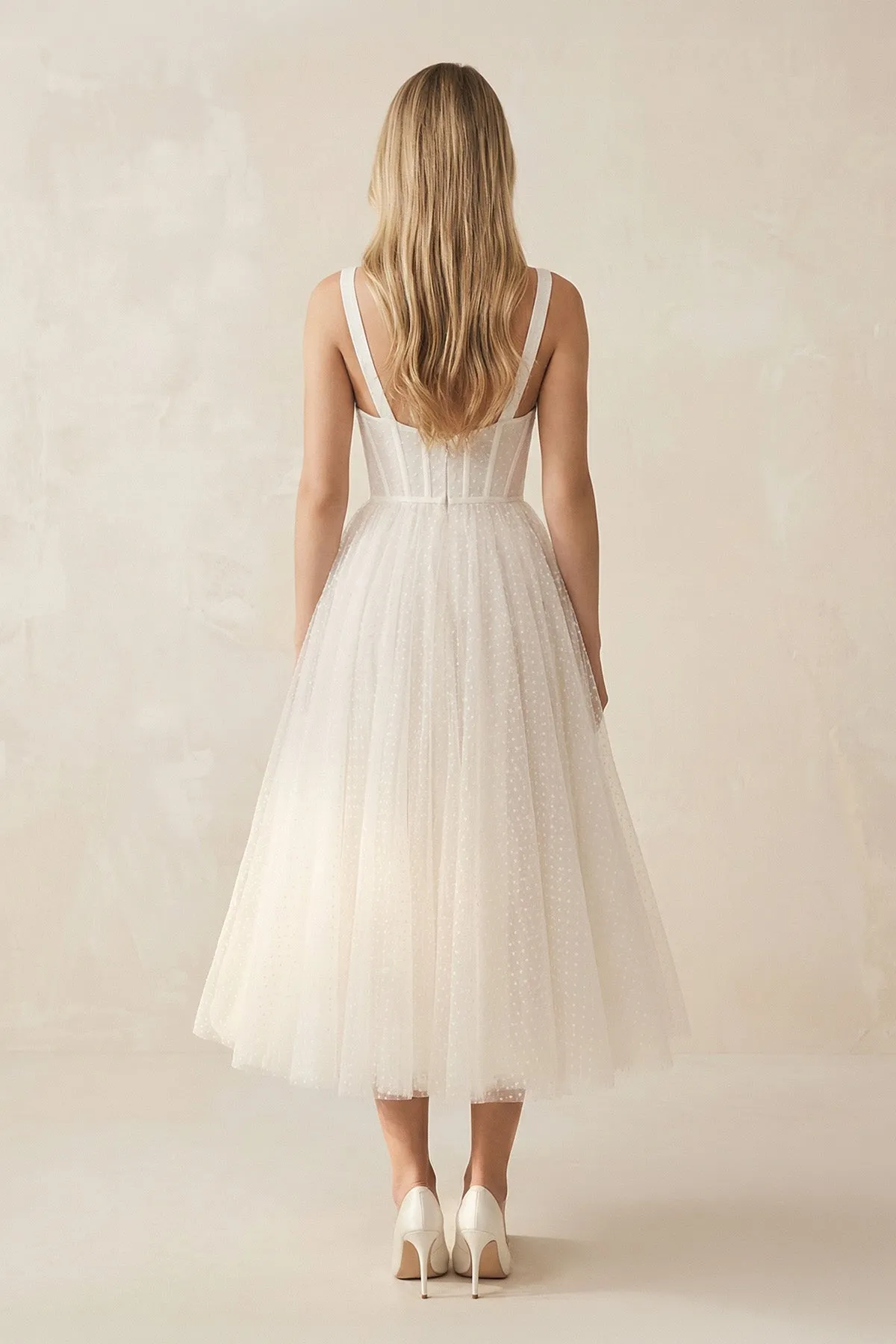 Sweetheart Polka Dot Tulle A-Line Corset Midi Wedding Dress in Ivory sold by KissProm product image thumbnail 2