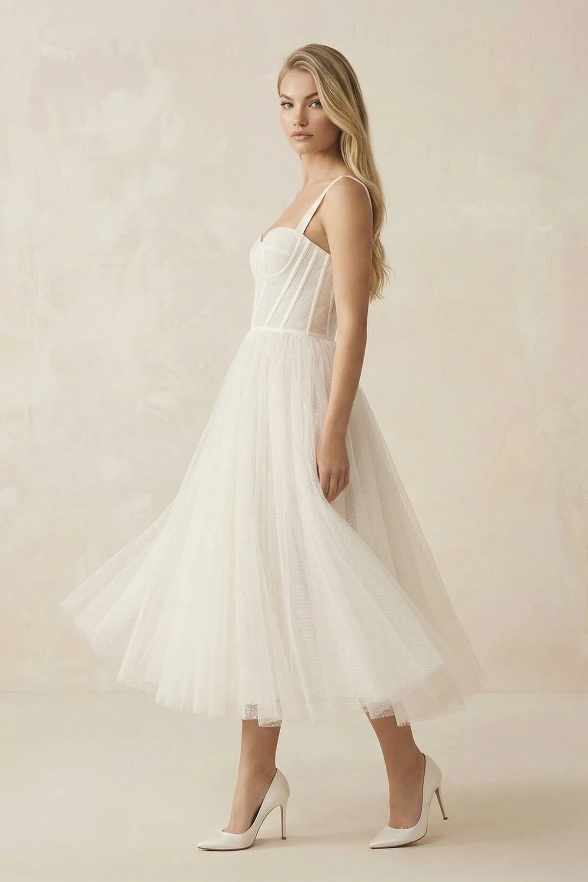Sweetheart Polka Dot Tulle A-Line Corset Midi Wedding Dress in Ivory sold by KissProm product image thumbnail 3