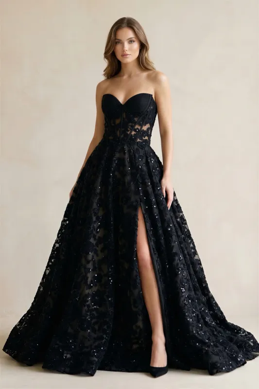 Sweetheart Appliqued Corset Lace Ball Gown Wedding Dress With Slit in Black made by KissProm