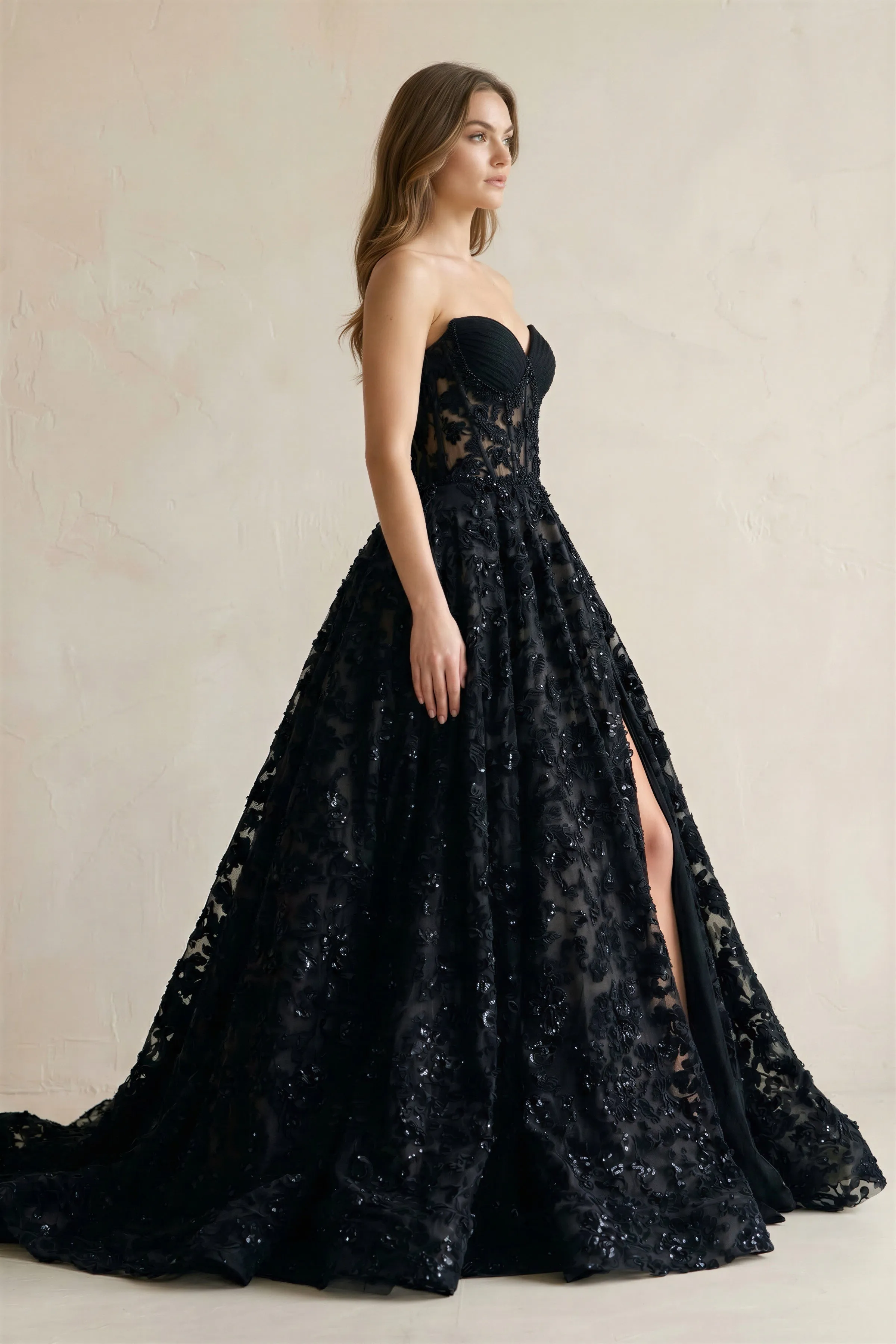 Sweetheart Appliqued Corset Lace Ball Gown Wedding Dress With Slit in Black sold by KissProm product image thumbnail 3