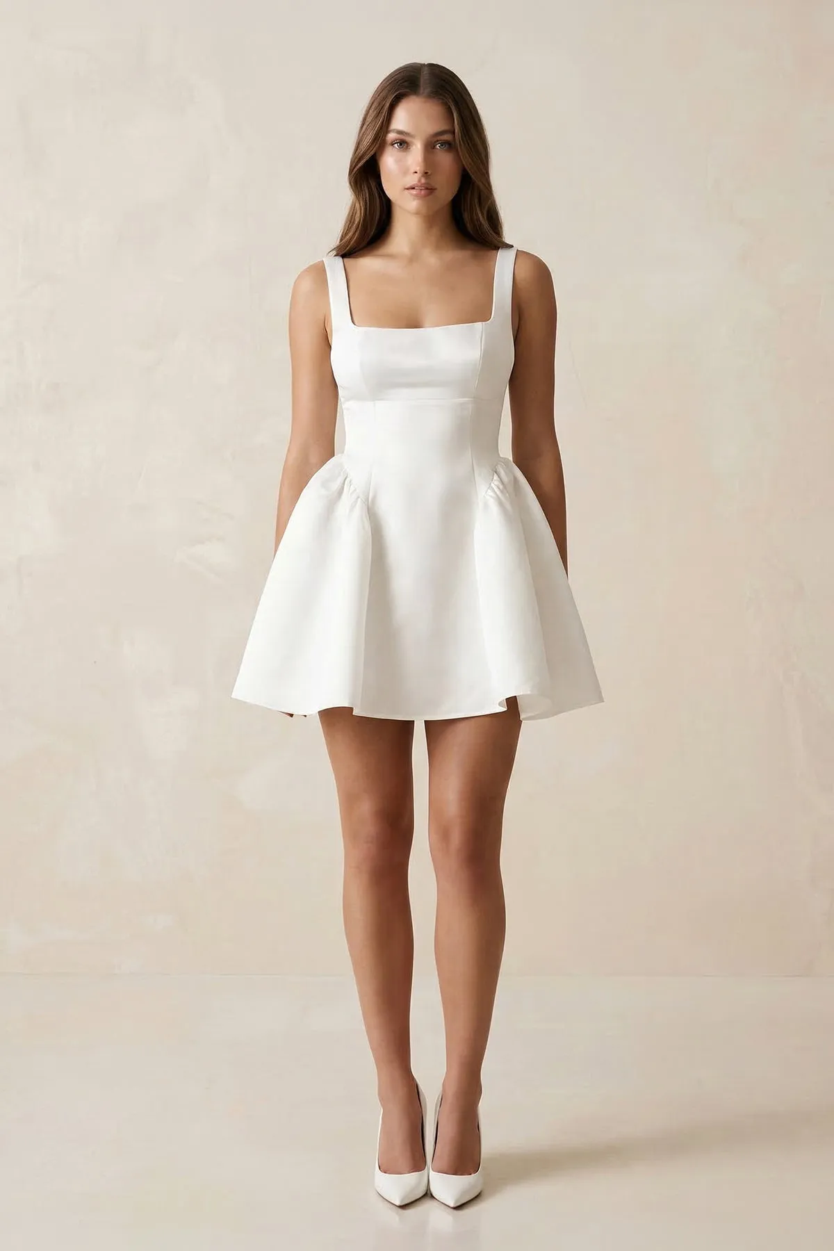 Square Neck Satin A-Line Mini Wedding Dress in White sold by KissProm