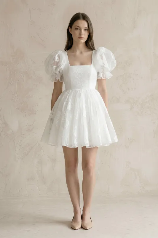 Puff Sleeves Square Neck A-Line Appliqued Tulle Wedding Dress in White made by KissProm