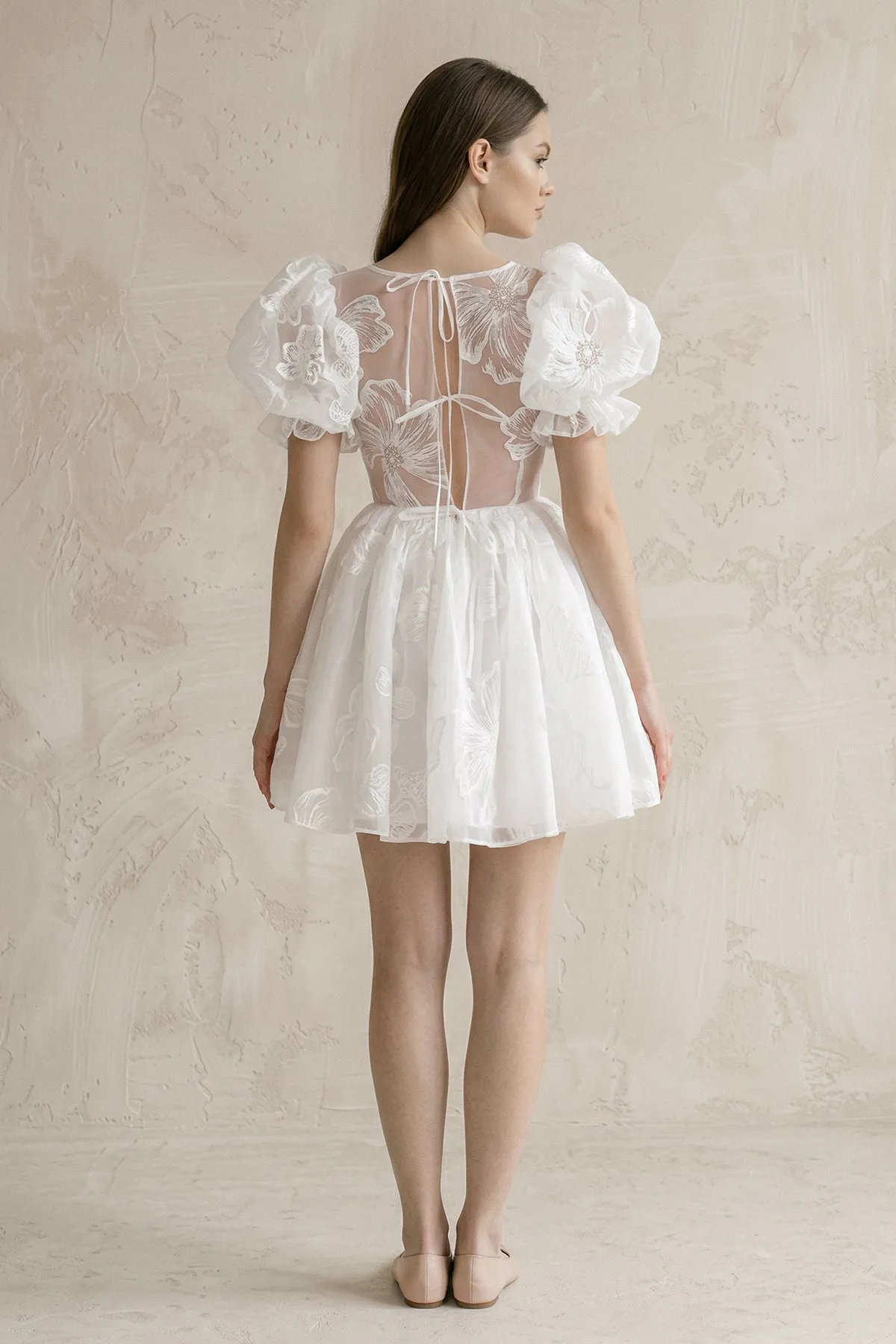 Puff Sleeves Square Neck A-Line Appliqued Tulle Wedding Dress in White sold by KissProm product image thumbnail 2