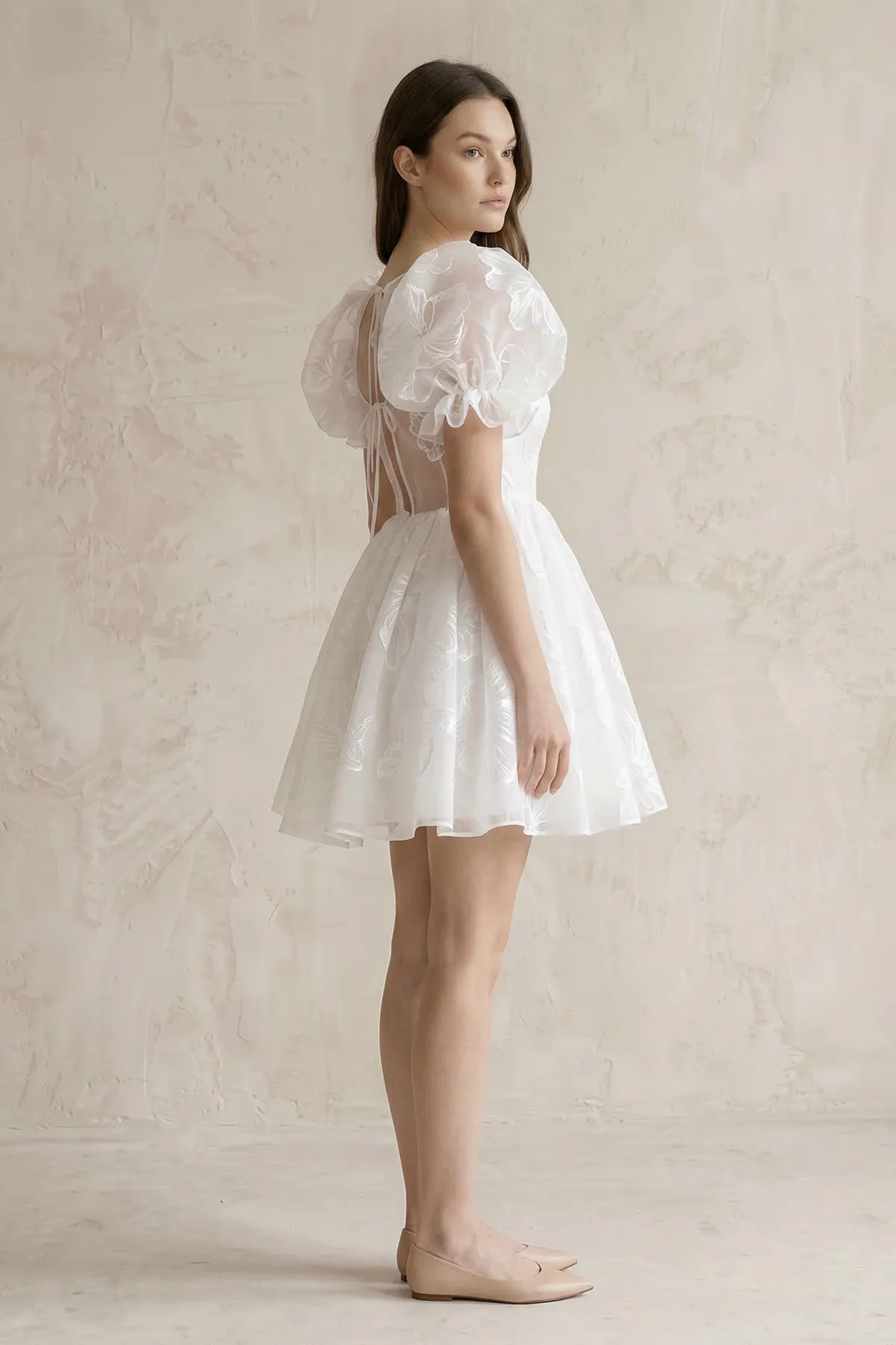 Puff Sleeves Square Neck A-Line Appliqued Tulle Wedding Dress in White sold by KissProm product image thumbnail 3