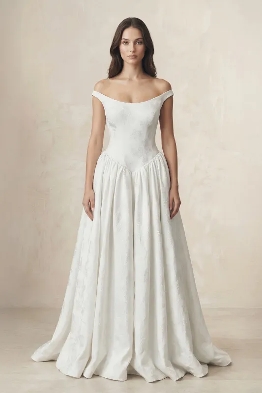 Jacquard Off-the-Shoulder A-Line Satin Wedding Dress in White made by KissProm