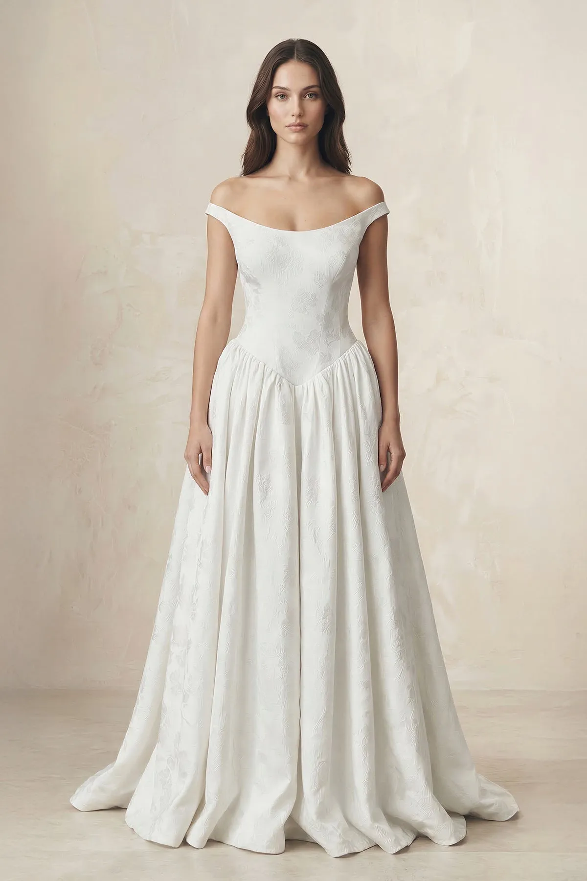 Jacquard Off-the-Shoulder A-Line Satin Wedding Dress in White sold by KissProm