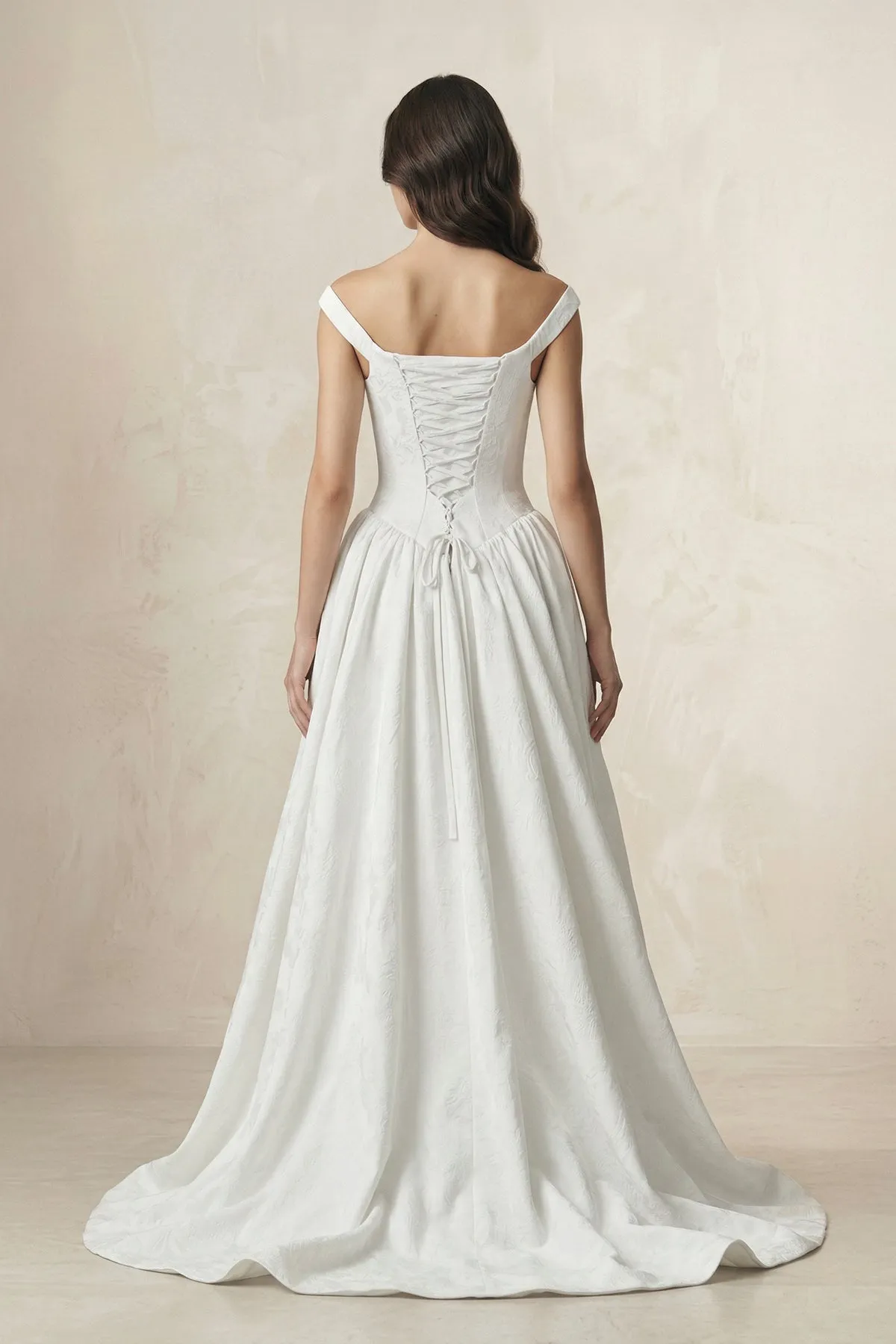 Jacquard Off-the-Shoulder A-Line Satin Wedding Dress in White sold by KissProm product image thumbnail 2