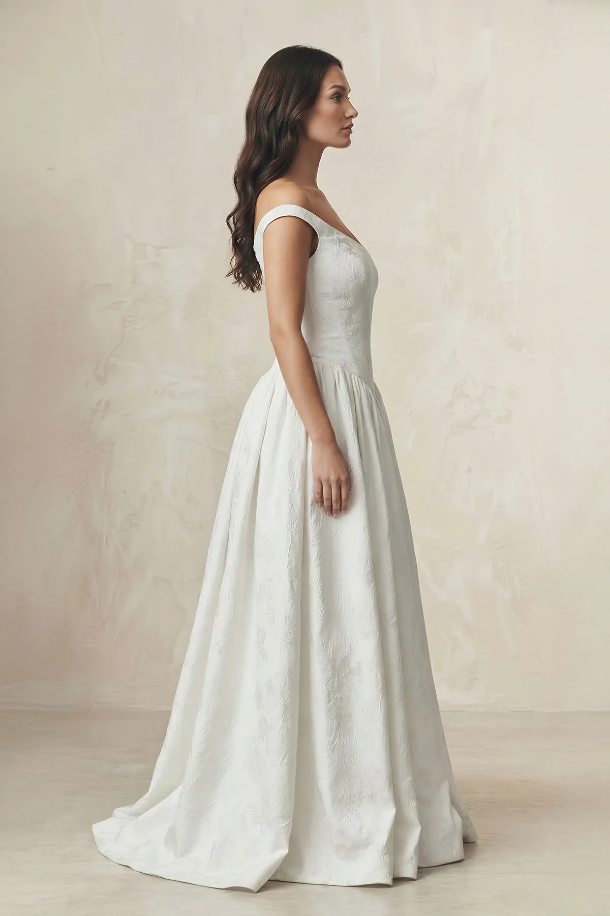 Jacquard Off-the-Shoulder A-Line Satin Wedding Dress in White sold by KissProm product image thumbnail 3