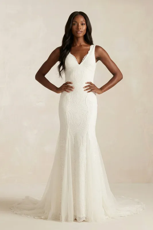 Lace Mermaid V-Neck Maxi Wedding Dress in Ivory made by KissProm