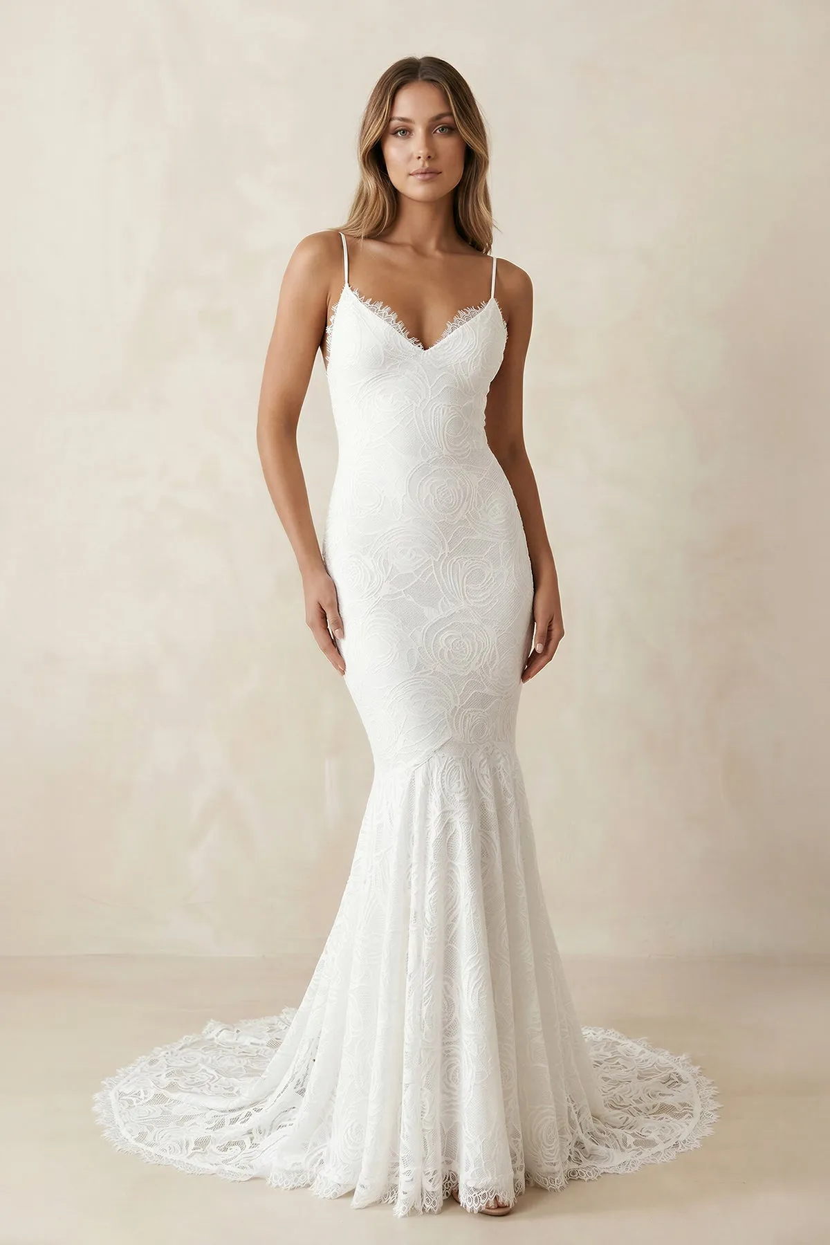 Spaghetti Straps Mermaid Lace Wedding Dress in White sold by KissProm