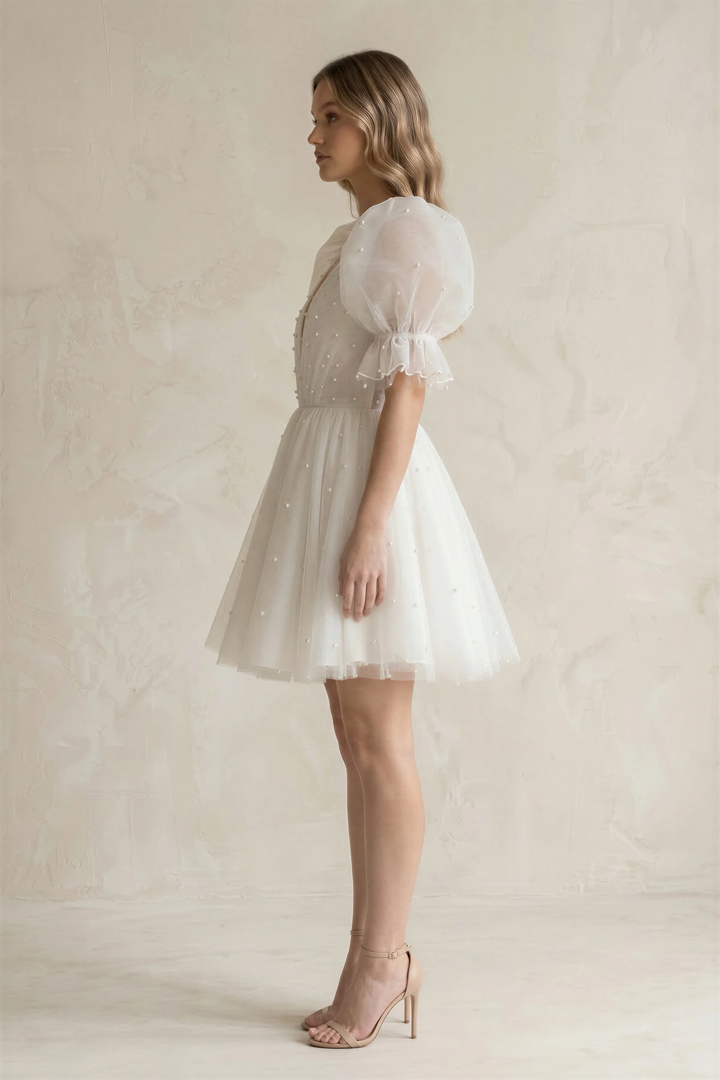 V-Neck A-Line Tulle Mini Wedding Dress With Pearl in Ivory sold by KissProm product image thumbnail 3